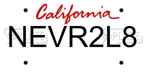 NEVR2L8 California License Plate