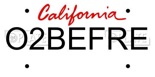 O2BEFRE California License Plate