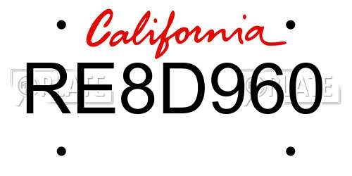 RE8D960 California License Plate