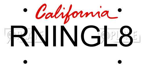 RNINGL8 California License Plate