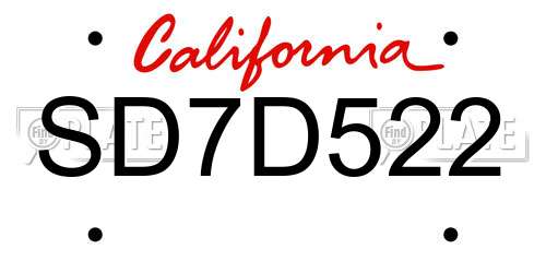 SD7D522 California License Plate