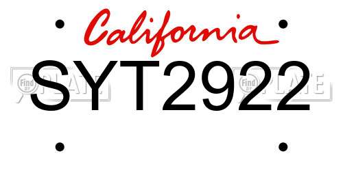 SYT2922 California License Plate