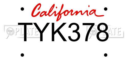 TYK378 California License Plate