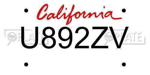 U892ZV California License Plate