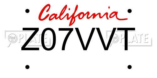 Z07VVT California License Plate