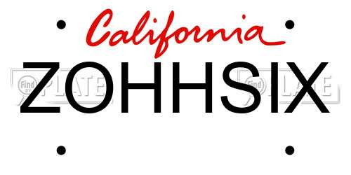 ZOHHSIX California License Plate