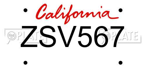 ZSV567 California License Plate