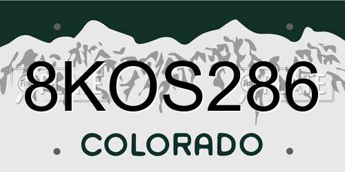 8KOS286 Colorado License Plate