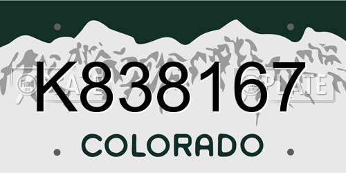 K838167 Colorado License Plate
