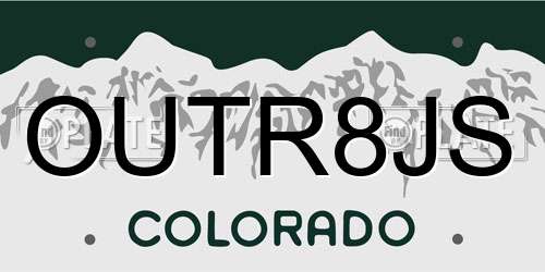 OUTR8JS Colorado License Plate