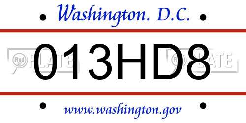 013HD8 District Of Columbia License Plate