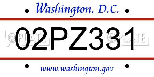 02PZ331 District Of Columbia License Plate