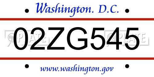 02ZG545 District Of Columbia License Plate