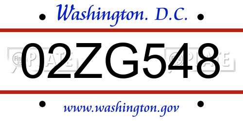 02ZG548 District Of Columbia License Plate
