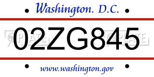 02ZG845 District Of Columbia License Plate