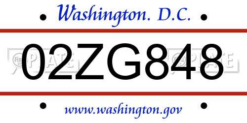 02ZG848 District Of Columbia License Plate