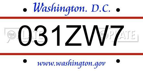 031ZW7 District Of Columbia License Plate