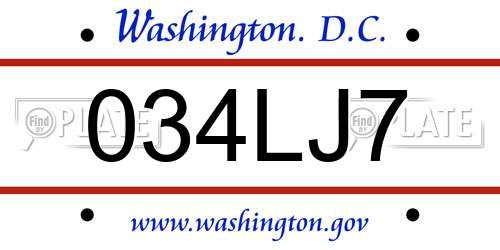 034LJ7 District Of Columbia License Plate