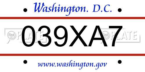 039XA7 District Of Columbia License Plate