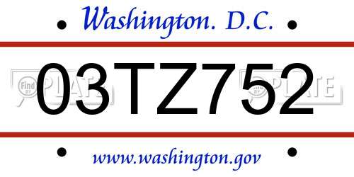03TZ752 District Of Columbia License Plate