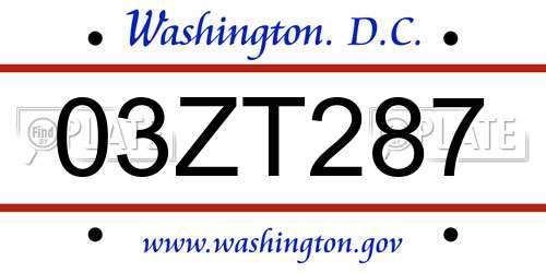 03ZT287 District Of Columbia License Plate