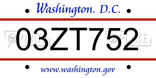 03ZT752 District Of Columbia License Plate
