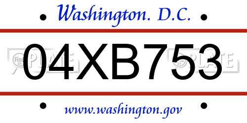 04XB753 District Of Columbia License Plate