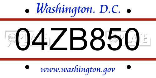 04ZB850 District Of Columbia License Plate