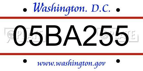 05BA255 District Of Columbia License Plate