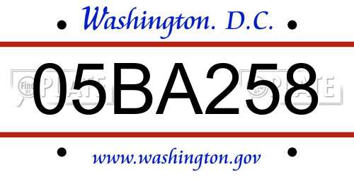 05BA258 District Of Columbia License Plate