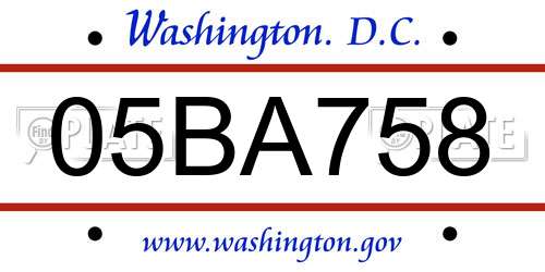 05BA758 District Of Columbia License Plate