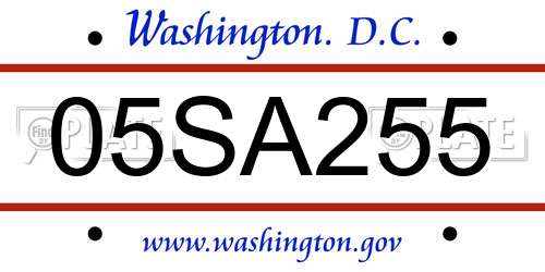 05SA255 District Of Columbia License Plate