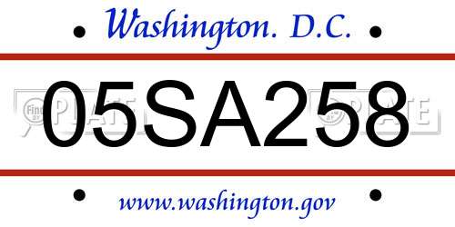 05SA258 District Of Columbia License Plate