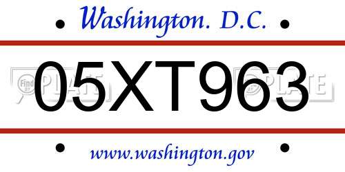 05XT963 District Of Columbia License Plate