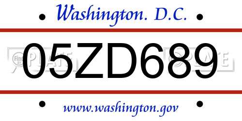 05ZD689 District Of Columbia License Plate