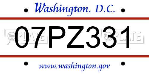 07PZ331 District Of Columbia License Plate