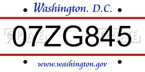 07ZG845 District Of Columbia License Plate