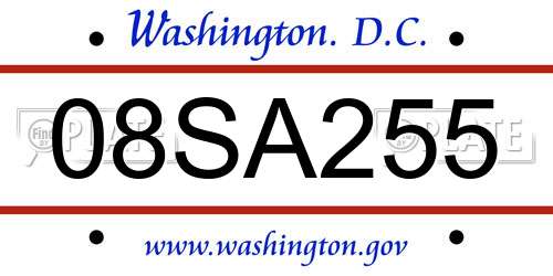 08SA255 District Of Columbia License Plate