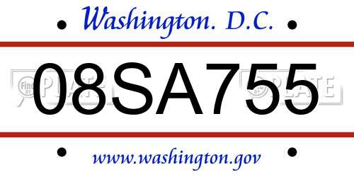 08SA755 District Of Columbia License Plate