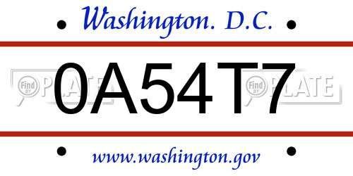 0A54T7 District Of Columbia License Plate