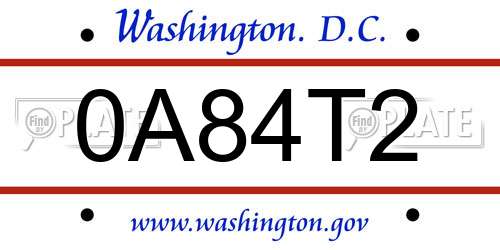 0A84T2 District Of Columbia License Plate
