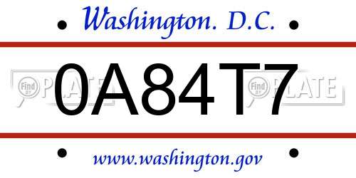 0A84T7 District Of Columbia License Plate