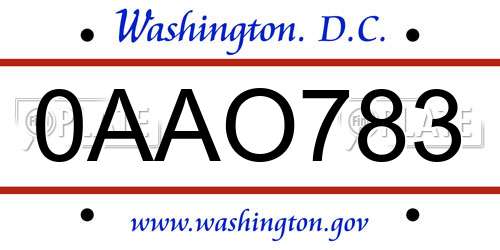 0AAO783 District Of Columbia License Plate