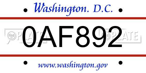 0AF892 District Of Columbia License Plate