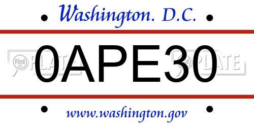 0APE30 District Of Columbia License Plate