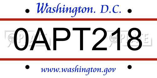 0APT218 District Of Columbia License Plate