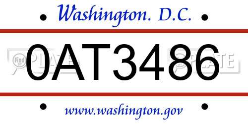 0AT3486 District Of Columbia License Plate