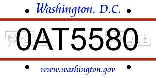 0AT5580 District Of Columbia License Plate