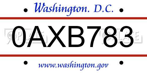 0AXB783 District Of Columbia License Plate