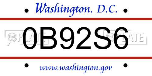0B92S6 District Of Columbia License Plate